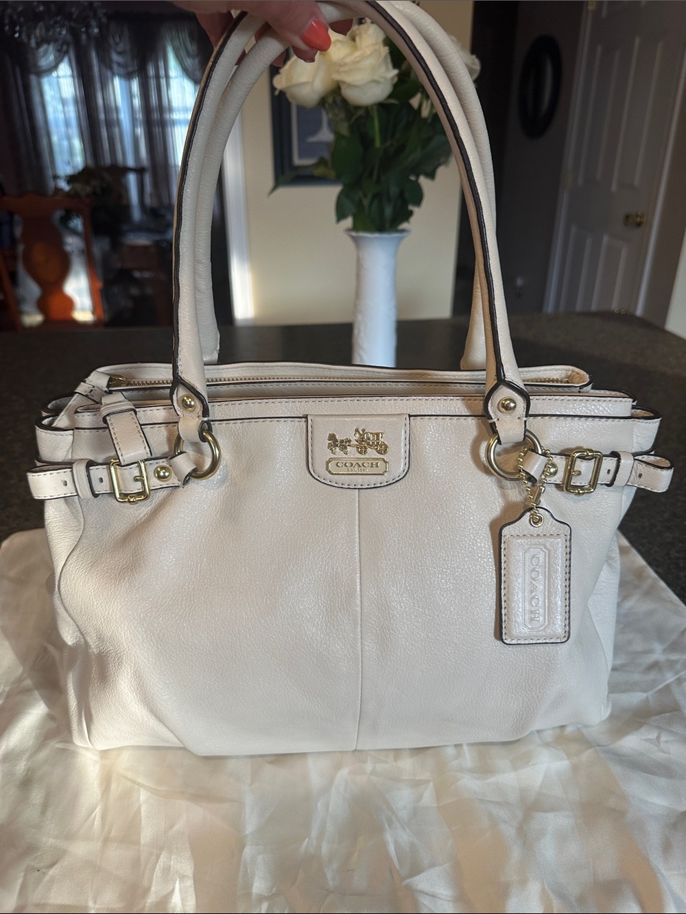 Coach Madison Kara Carryall Off White Pebbled Leather Satchel with Gold Hardware